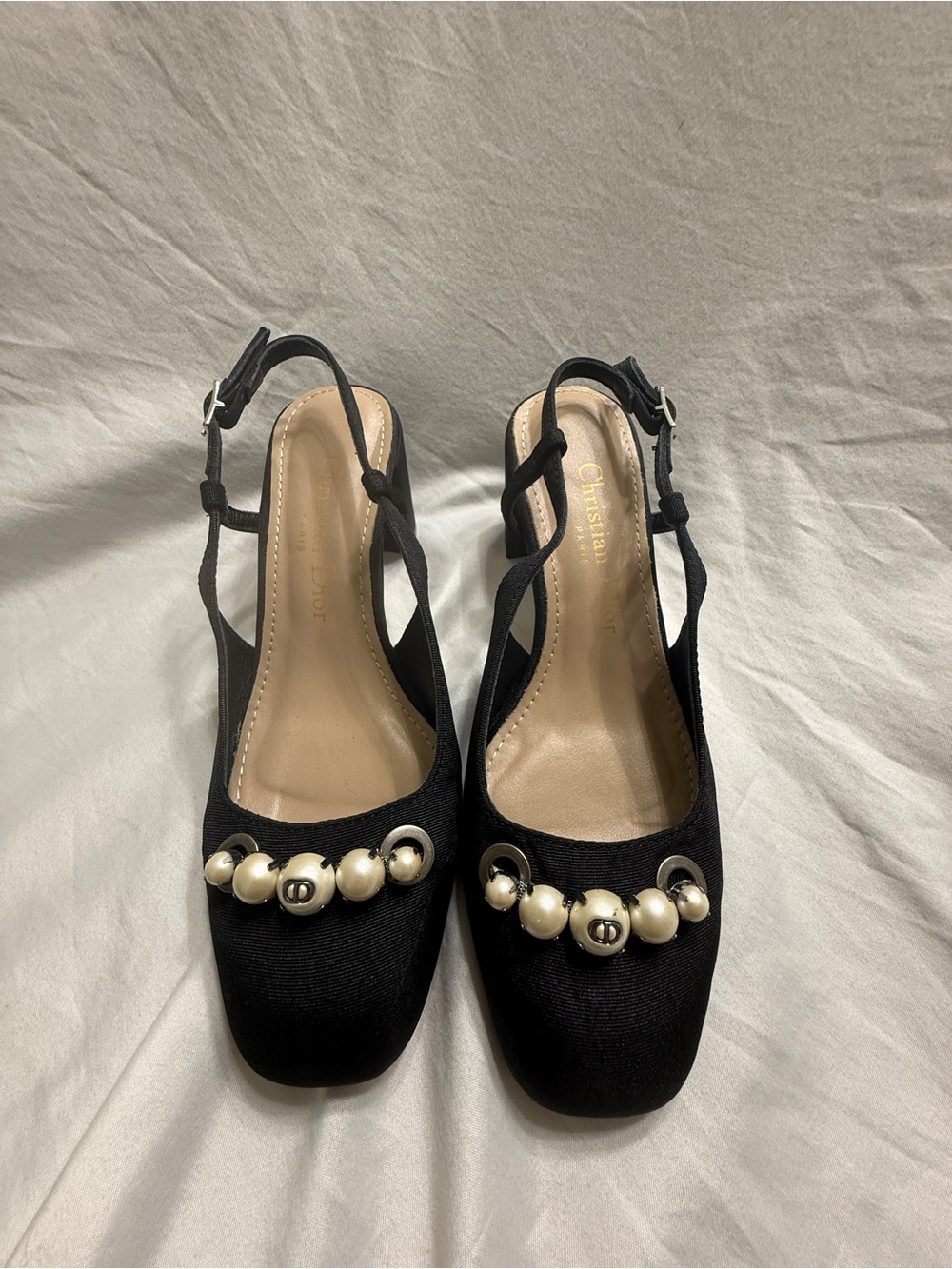 Dior Black Slingback Pumps with Pearl Accent